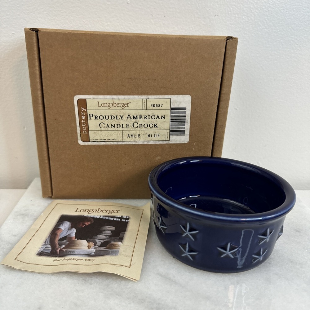 Longaberger Proudly American Candle Crock in Original Box ~ Navy Blue ~ U.S.A.